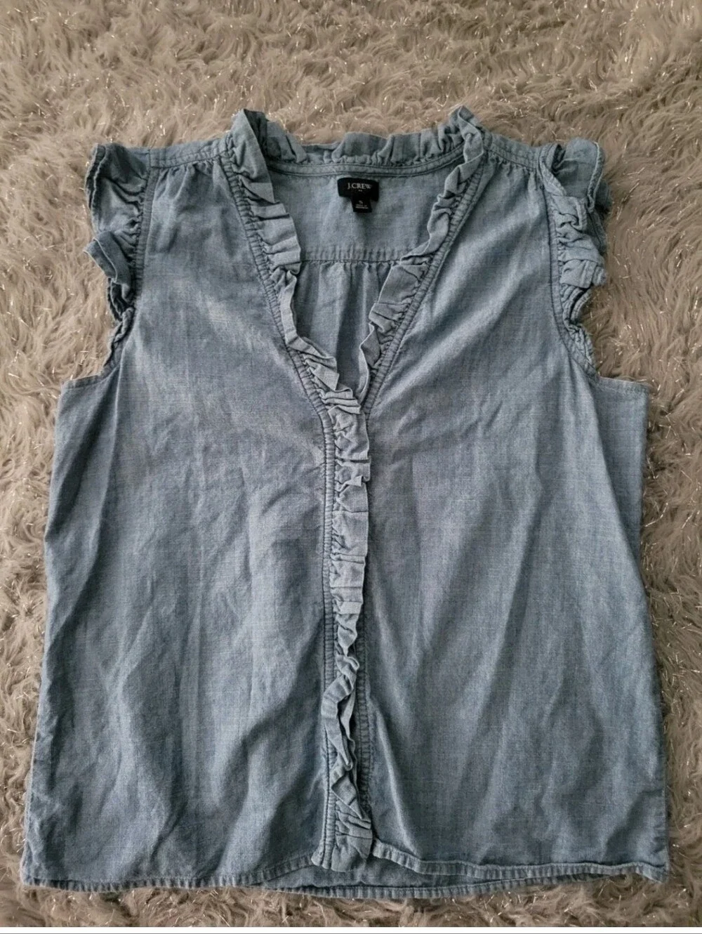 J Crew Blue Chambray Sleeveless Ruffle Top Boho Festival Preppy Quiet Luxury S
